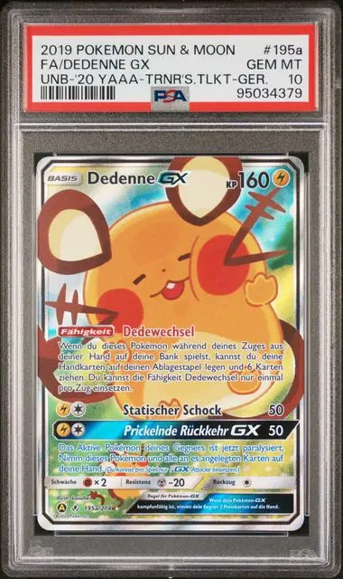 Dedenne GX Full Art 195a Sun & Moon Unbroken Bonds - DE - PSA GEM MT 10