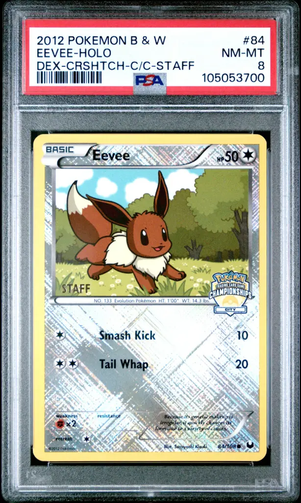 2012 Pokemon Black & White Dark Explorers Eevee-Holo Crosshatch-2012 City Championships-Staff #84 PSA 8