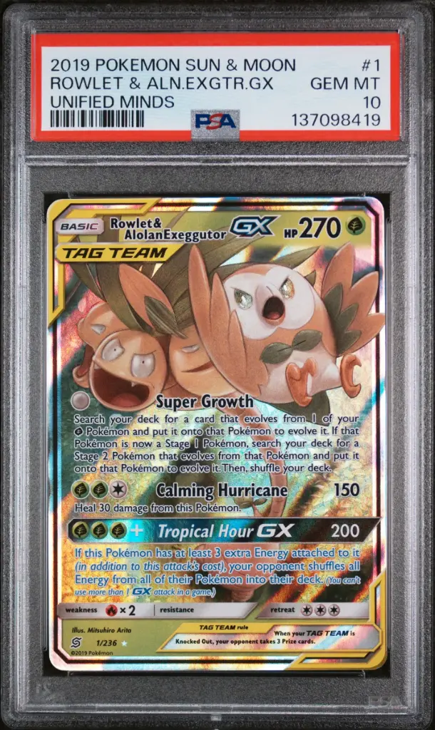 2019 Pokemon Sun & Moon Unified Minds Rowlet & Alolan Exeggutor Gx #1 PSA 10