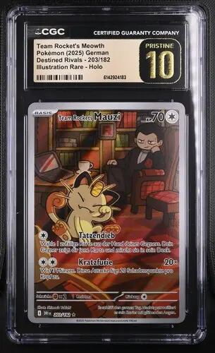 [SLAB-CGC-6142924183] Team Rocket's Meowth Illustration Rare Holo 203 Destined Rivals - DE - CGC PRISTINE 10