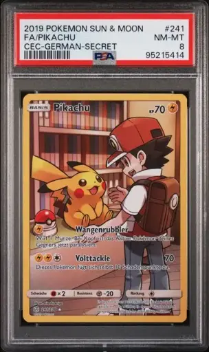 [SLAB-PSA-95215414] Pikachu Full Art Secret 241 Sun & Moon Cosmic Eclipse - DE - PSA NM-MT 8