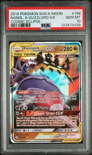[SLAB-PSA-123474939] Naganadel & Guzzlord GX Full Art 158 Cosmic Eclipse - EN - PSA GEM MT 10