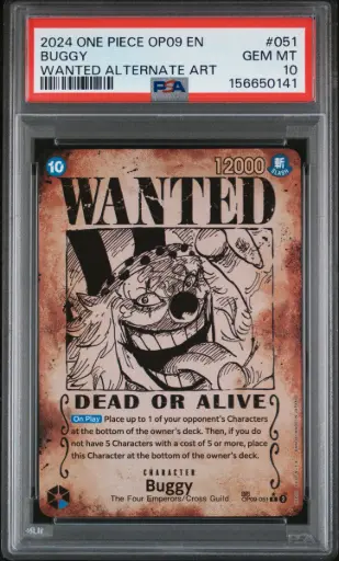 [SLAB-PSA-156650141] 2024 One Piece Op09-Emperors in the New World Buggy Wanted Alternate Art #051 PSA 10