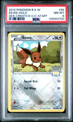 [SLAB-PSA-105053700] 2012 Pokemon Black & White Dark Explorers Eevee-Holo Crosshatch-2012 City Championships-Staff #84 PSA 8
