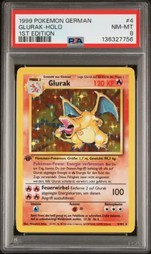 [SLAB-PSA-136327756] 1999 Pokemon German Glurak-Holo 1st Edition #4 PSA 8