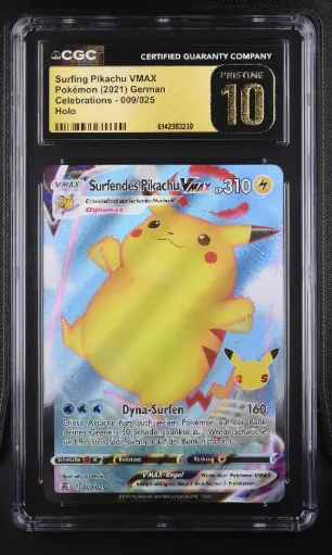 [SLAB-CGC-6142983238] 2021 Pokemon Celebrations German Surfing Pikachu VMAX Holo #009/025 CGC 10 Pristine