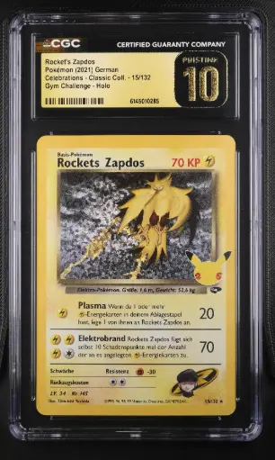 [SLAB-CGC-6145010285] 2021 Pokemon Celebrations - Classic Collection German Rocket's Zapdos Gym Challenge Holo #15/132 CGC 10 Pristine