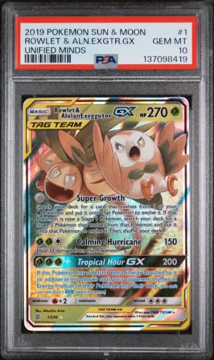 [SLAB-PSA-137098419] 2019 Pokemon Sun & Moon Unified Minds Rowlet & Alolan Exeggutor Gx #1 PSA 10
